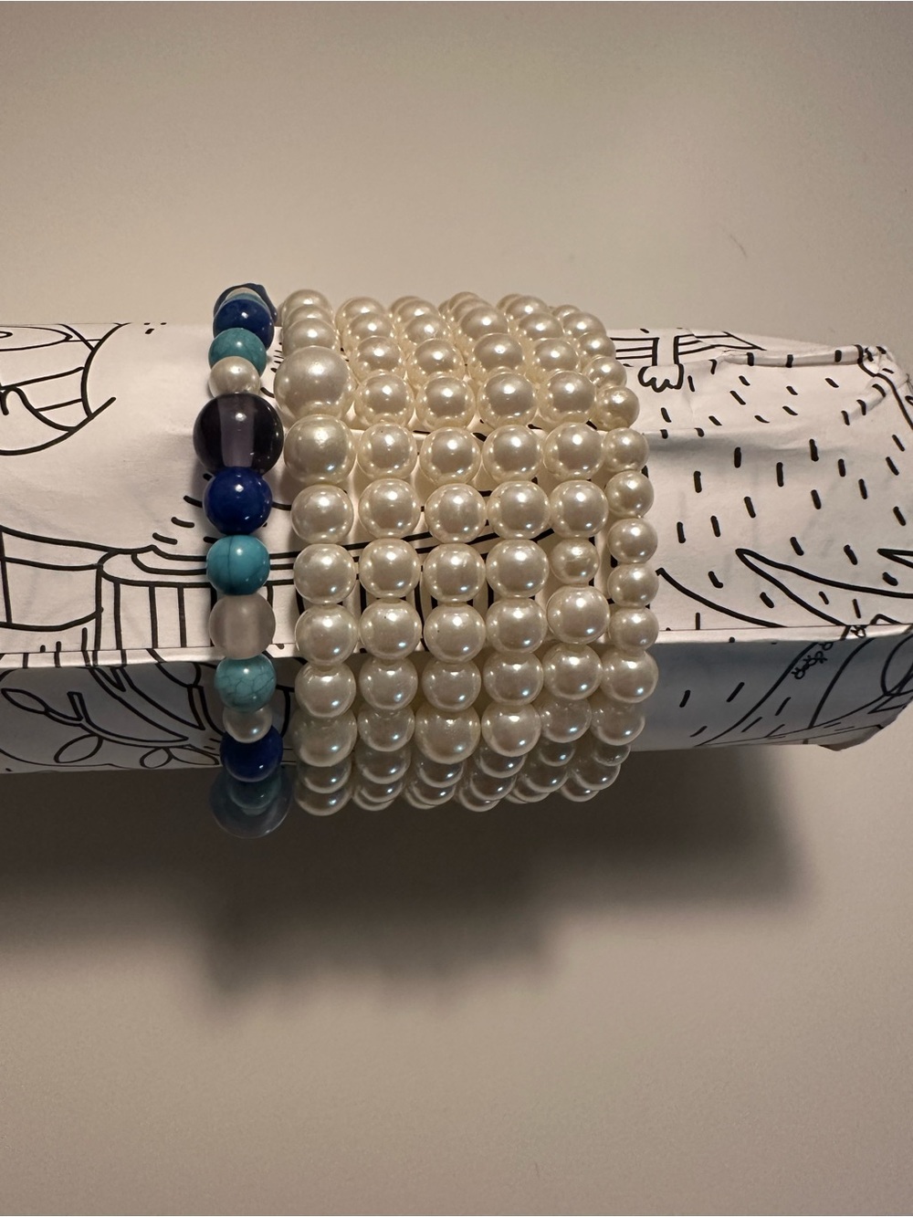 Classic Pearl and Blue Bead Stretch Bracelet Set